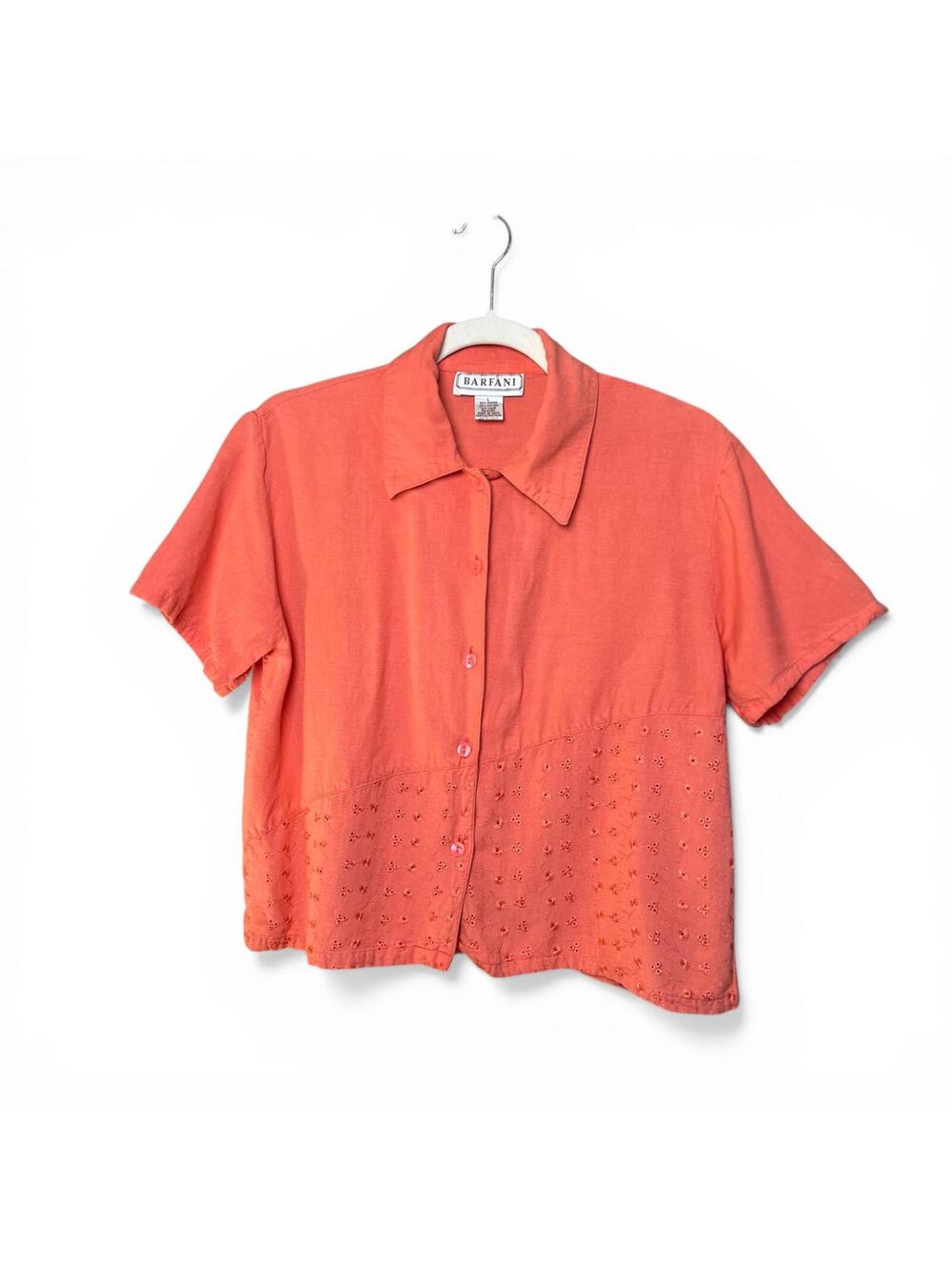 Vintage Coral Cropped Short Sleeve Button-Up Shirt Large